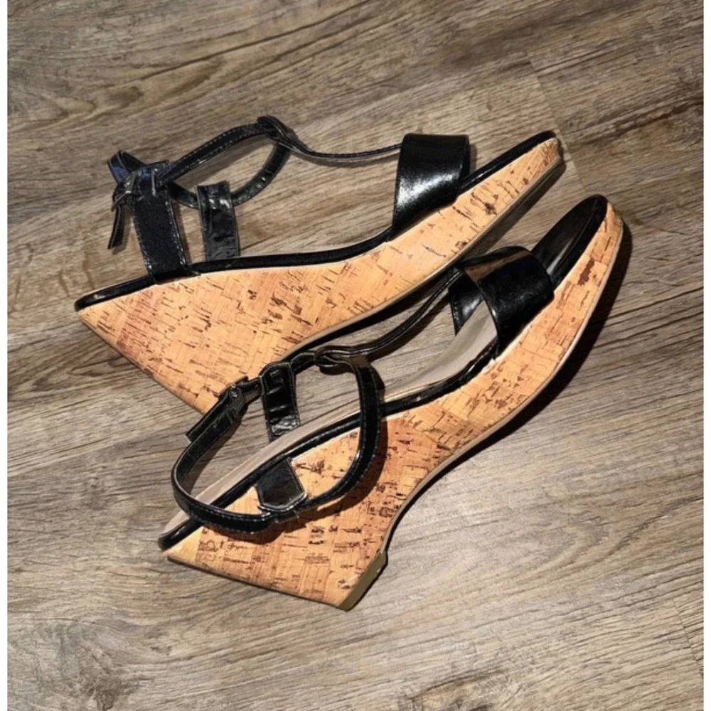 Cato Black Patent T-Strap Cork Wedge Sandals Womens Summer Ankle Strap Shoes
